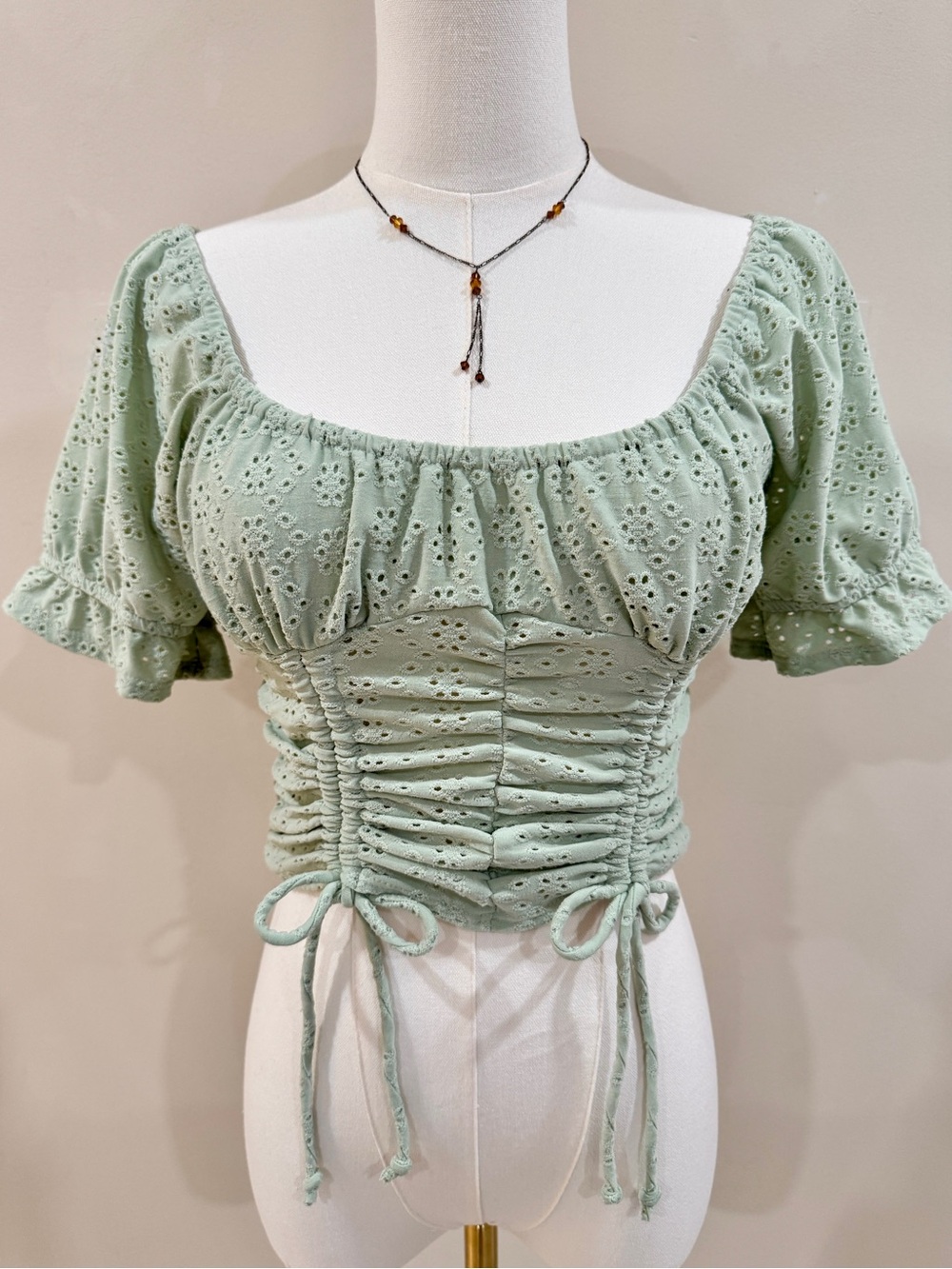 Mint Eyelet Puff Sleeve Ruched Crop Top Cottagecore Coquette Size S Milkmaid